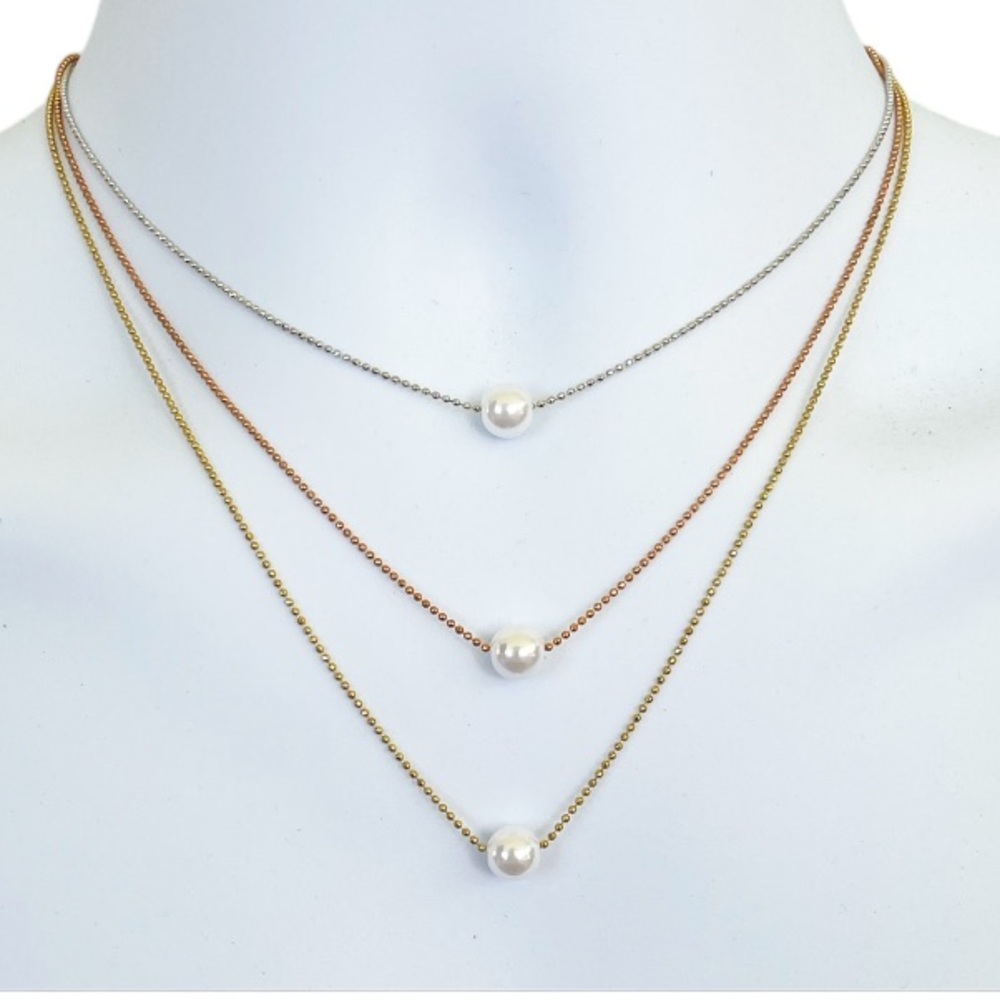 Vintage tri-color layered pearl bead adjustable length necklace
